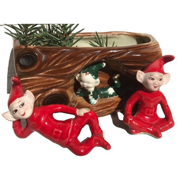 Antq Thames Ceramic Red Pixie Elf MCM 50s Christmas Woodland Planter MCM Lot HTF - Picture 2 of 16